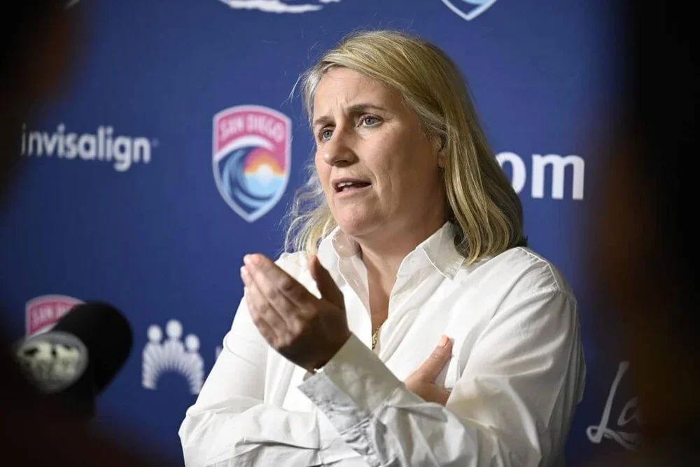 May 3, 2026; San Diego, California, USA; Emma Hayes, head coach of the U.S. Women's National Team, speaks at a news conference held before a match between Bay FC and San Diego Wave FC at Snapdragon Stadium.