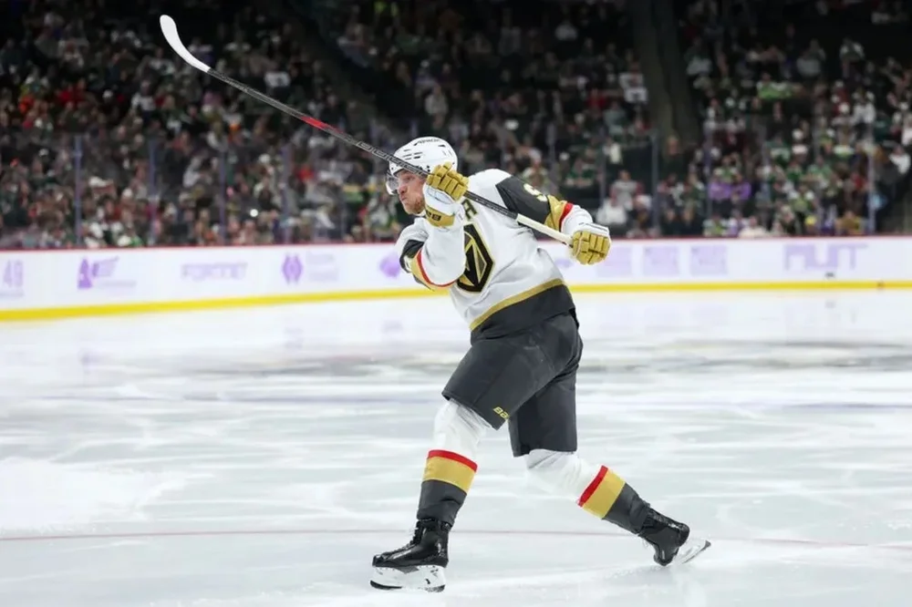 Nov 16, 2025; Saint Paul, Minnesota, USA; Vegas Golden Knights center Jack Eichel (9) shoots the puck against the Minnesota Wild during the third period at Grand Casino Arena. Mandatory Credit: Matt Krohn-Imagn Images